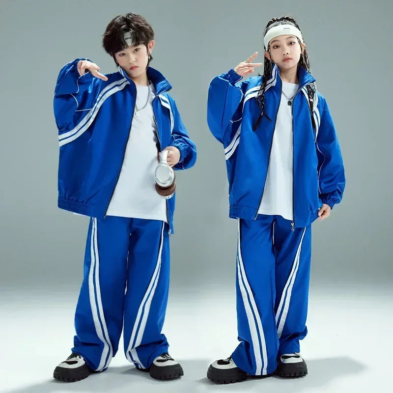 Blue and white hip hop children tracksuit with striped detailing loose casual sports jacket and pant set for boys and girls