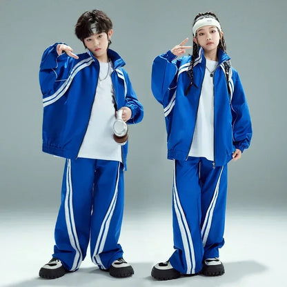 Blue and white hip hop children tracksuit with striped detailing loose casual sports jacket and pant set for boys and girls
