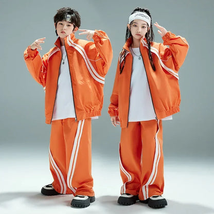 Bright orange nylon hip hop children tracksuit with white stripes featuring jacket and pants for casual sportswear