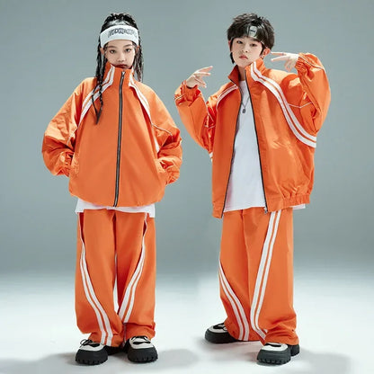 Vibrant orange hip hop children tracksuit with white stripes zip-up jacket and matching pants for casual sportswear