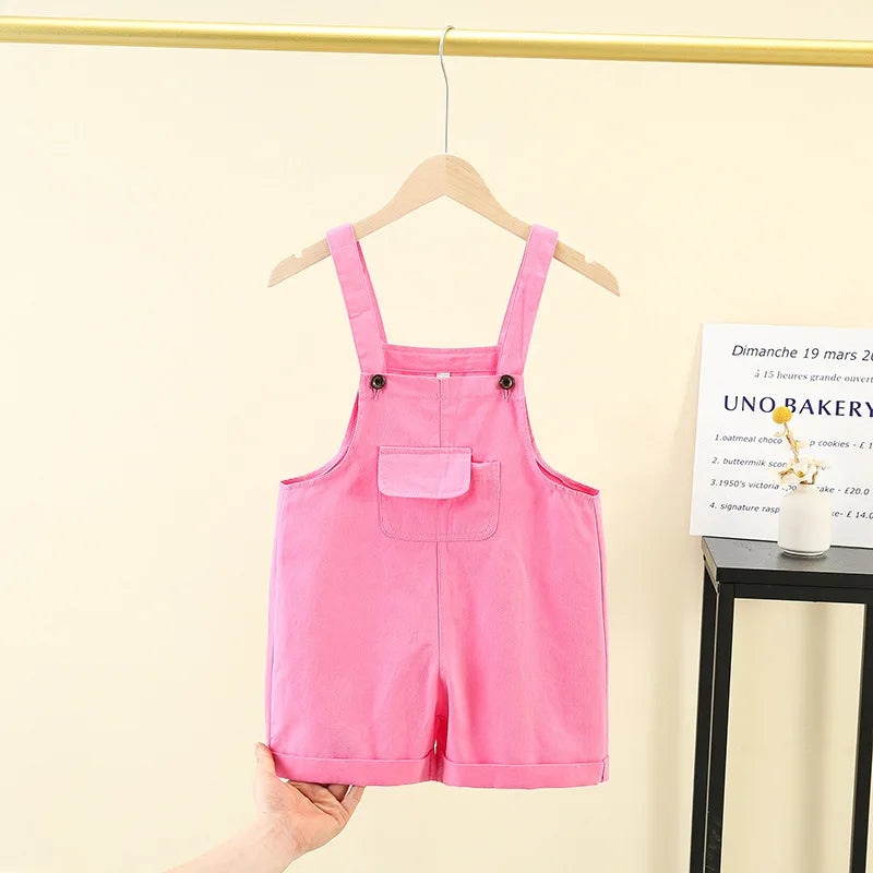 Pink hip hop children denim overalls with adjustable straps front pocket in candy color short suspender shorts girls style