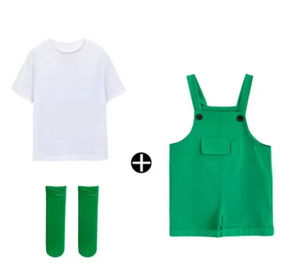 Green denim hip hop children suspender shorts girls dungaree with black buttons and front pocket candy color short jumpsuit