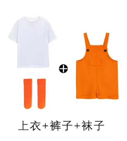 White cotton t-shirt paired with bright orange candy color short hip hop children suspender shorts girls dungaree romper