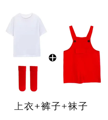 White short-sleeved t-shirt paired with red candy color short hip hop children suspender shorts girls dungaree romper