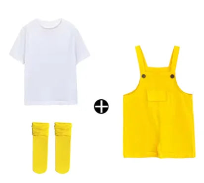 Yellow denim hip hop children suspender shorts girls with black buttons and front pocket candy color short jumpsuit