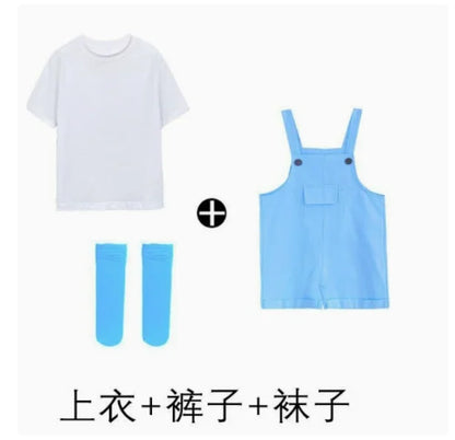 Light blue denim hip hop children suspender shorts girls with front pocket and adjustable straps candy color short romper