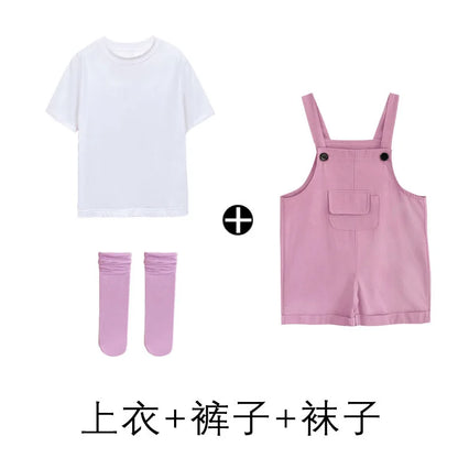 Pink denim hip hop children suspender shorts girls with black buttons and front pocket candy color short jumpsuit