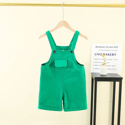 Bright green hip hop children denim suspender shorts girls dungaree with front pocket and adjustable straps candy color short