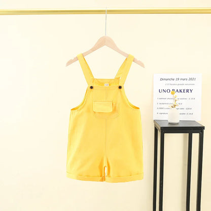 Bright yellow children denim overalls with front pocket and adjustable straps hip hop children suspender shorts girls candy color short