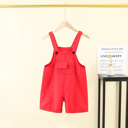Bright red hip hop children denim overalls with black buttons front pocket candy color short suspender shorts girls