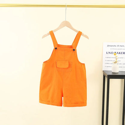 Bright orange hip hop children suspender shorts girls made of denim with front pocket and adjustable straps candy color short