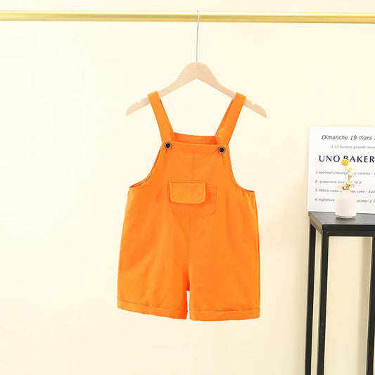 Bright orange hip hop children suspender shorts girls made of denim with front pocket and adjustable straps candy color short
