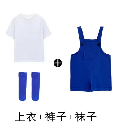 Blue denim hip hop children suspender shorts girls with black buttons and front pocket in candy color short style