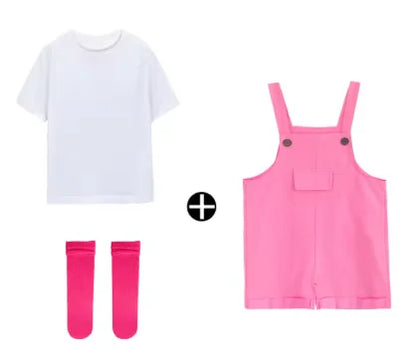 Pink denim hip hop children suspender shorts girls with black buttons and front pocket candy color short jumpsuit
