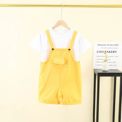 Bright yellow denim hip hop children suspender shorts girls candy color short jumpsuit with front pocket and adjustable straps