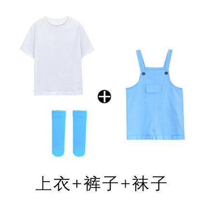 Light blue denim-style hip hop children suspender shorts girls dungaree with adjustable straps and front pocket