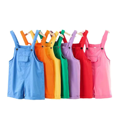Rainbow-colored hip hop children suspender shorts girls with adjustable straps and front pockets in candy color short style