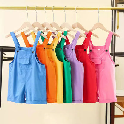 A row of hip hop children suspender shorts girls dungaree candy color short cotton denim overalls in vibrant hues
