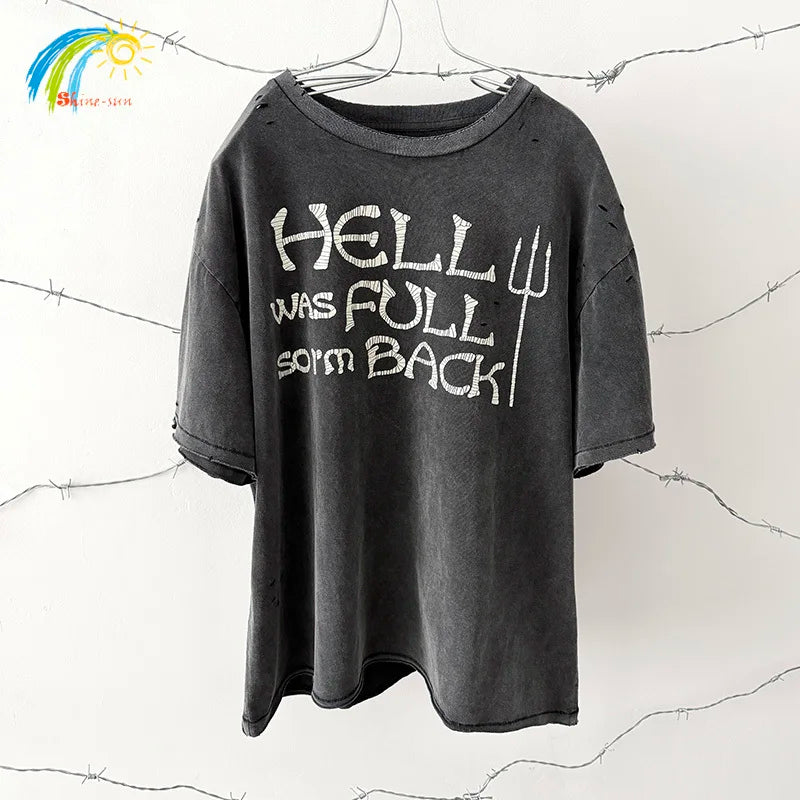 Black distressed oversized damaged hole hip hop classic logo print vintage t-shirt with hell was full phrase and trident symbol