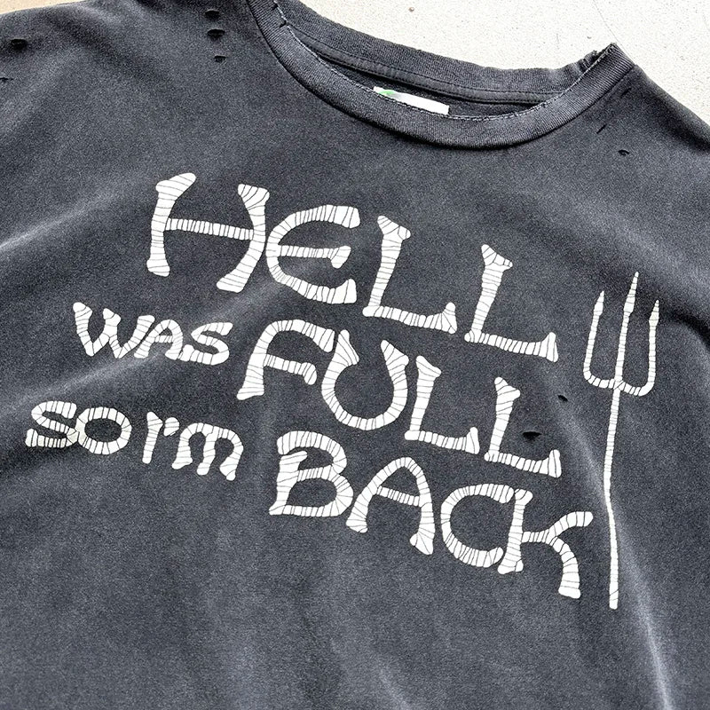 Dark gray hip hop classic oversized damaged hole t-shirt with white hand-drawn logo print vintage lettering and trident graphic