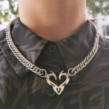 Silver chain short choker with heart-shaped pendant featuring angular design and keyhole motif for women unisex party club hyperbole sexy