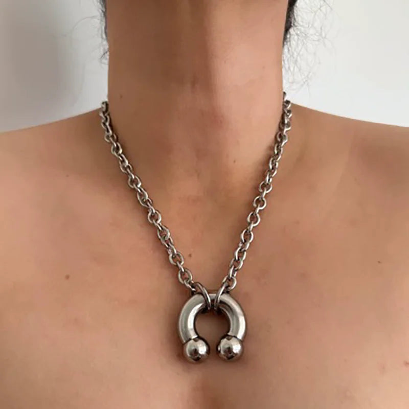 Silver-toned industrial chain short choker with thick u-shaped pendant and spheres for women unisex party club hyperbole sexy