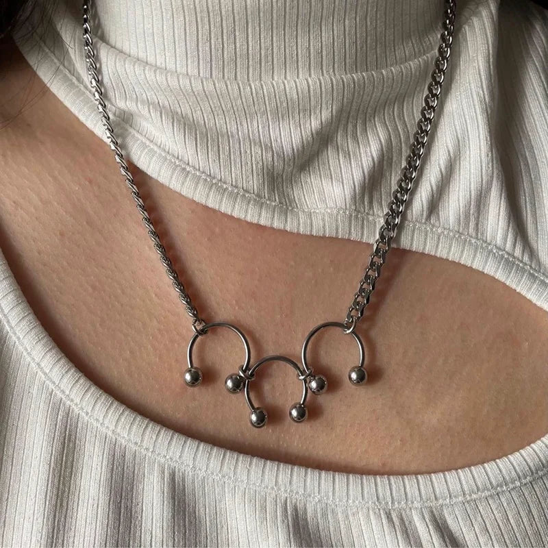 Silver-toned chain short choker necklace with abstract u-shaped pendant and beads for women unisex party club hyperbole sexy style