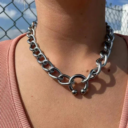 Sturdy silver-toned chain short choker with interlocking links and circular clasp for women unisex party club hyperbole sexy
