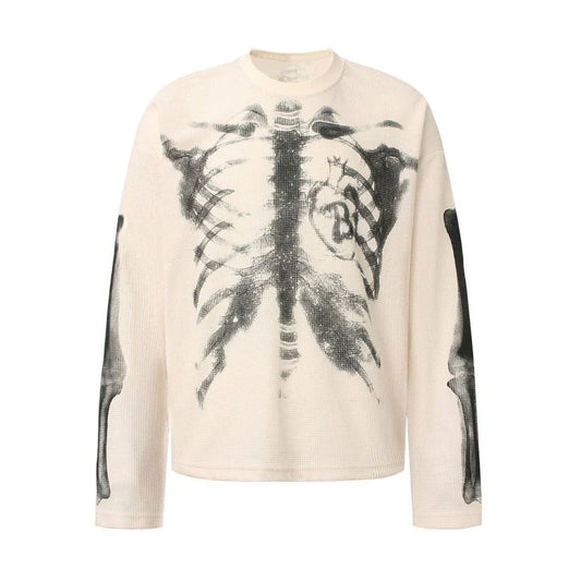 Cream-colored ribbed long-sleeve cotton sweatshirt with black skeletal x-ray print for hip-hop streetwear style