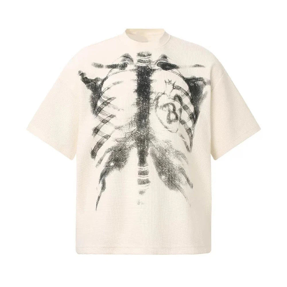 Cream-colored ribbed cotton t-shirt with bold black and gray x-ray skeletal chest design for hip-hop streetwear