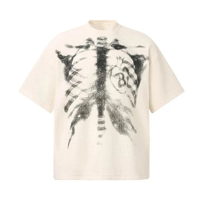 Cream-colored ribbed cotton t-shirt with bold black and gray x-ray skeletal chest design for hip-hop streetwear