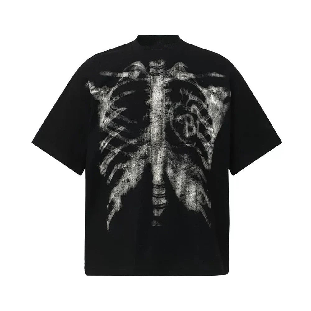 Black short-sleeved 100 percent cotton hip-hop t-shirt with detailed white skeletal ribcage print for streetwear couple style