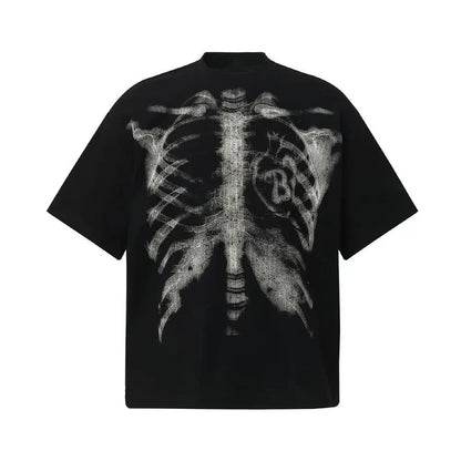 Black short-sleeved 100 percent cotton hip-hop t-shirt with detailed white skeletal ribcage print for streetwear couple style