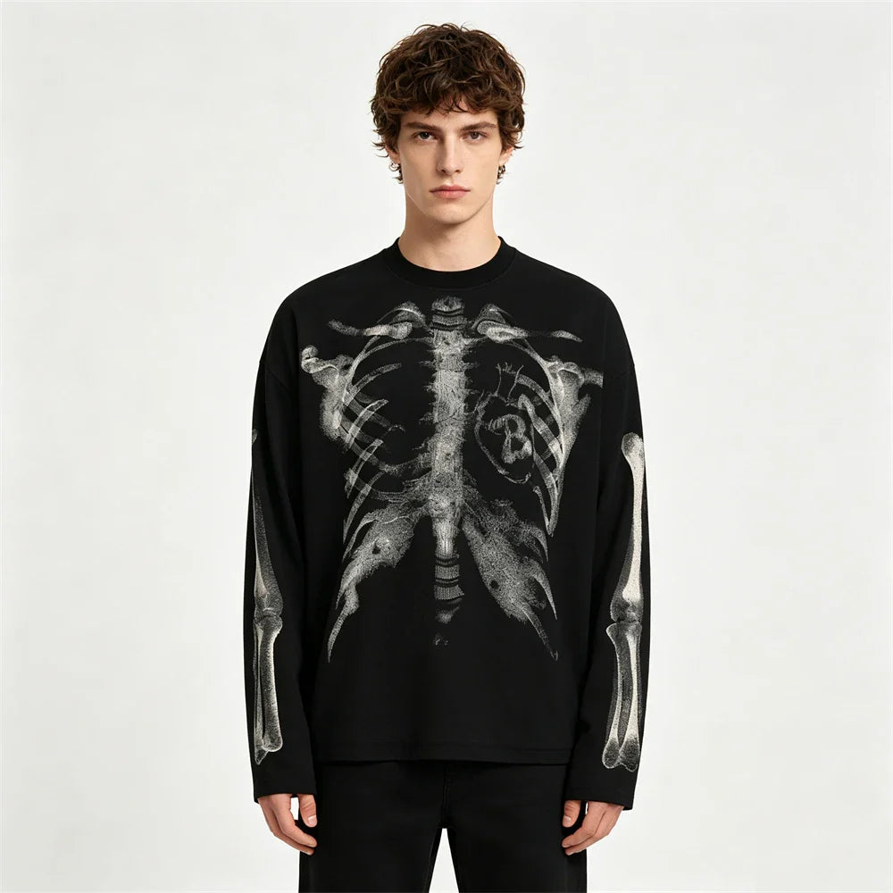 Black long-sleeved sweatshirt with white skeletal ribcage print, 100% cotton hip-hop streetwear for men and women