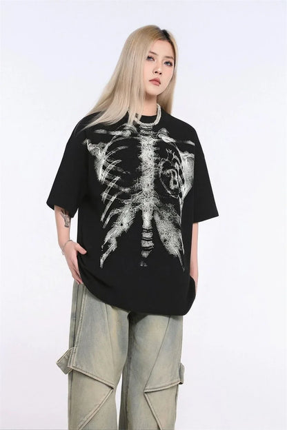 Black short-sleeved cotton t-shirt with detailed white skeletal ribcage print for hip-hop streetwear style