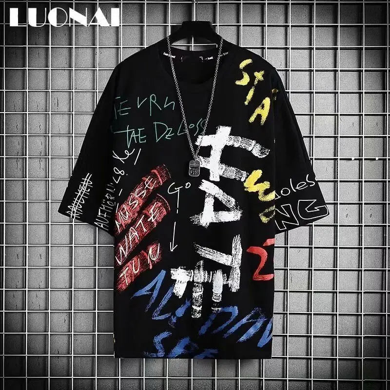 Black luonai hip hop creative t-shirt with bold white yellow red and blue graffiti lettering for streetwear couple tops