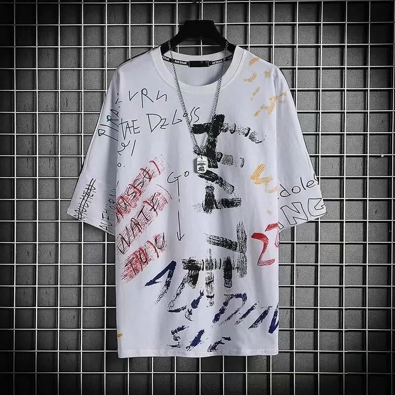 White hip hop creative graphic tee with bold black red and blue graffiti lettering for summer japanese style streetwear couple tops