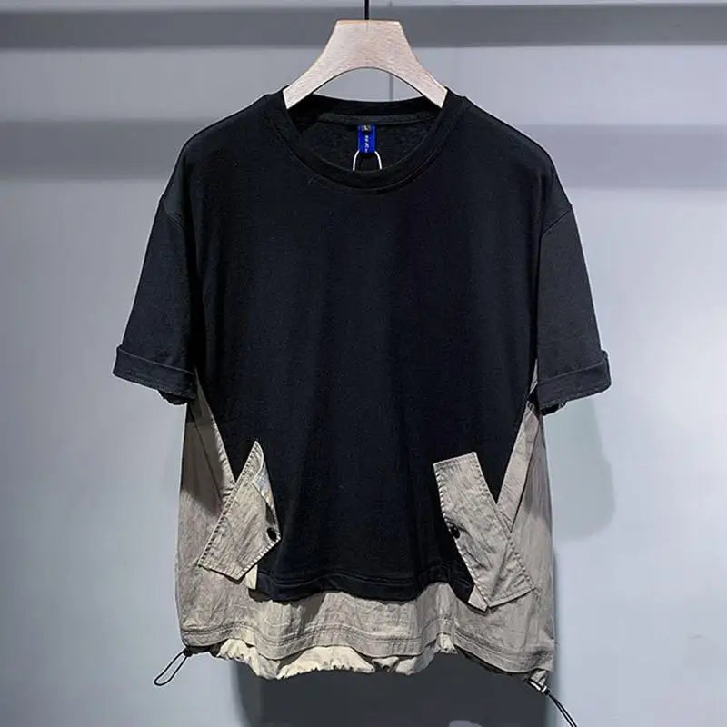 Black and beige patchwork hip hop creative t-shirt with relaxed fit featuring contrasting panels, perfect for summer Japanese style streetwear couple tops