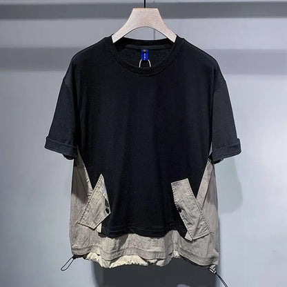 Black and beige patchwork hip hop creative t-shirt with relaxed fit featuring contrasting panels, perfect for summer Japanese style streetwear couple tops