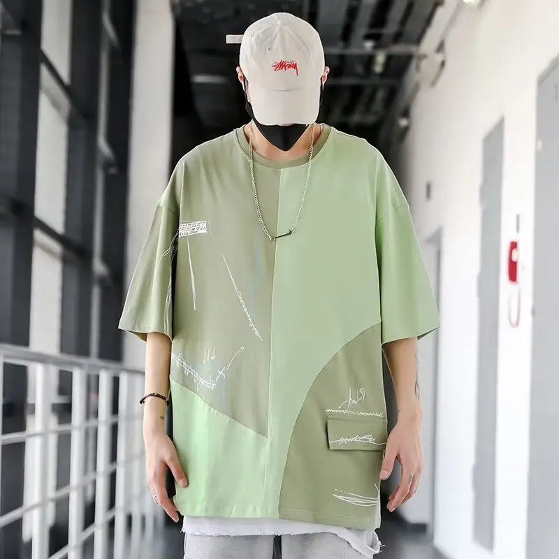Light green oversized short-sleeved hip hop creative t shirt with geometric patchwork for summer japanese style streetwear couple tops