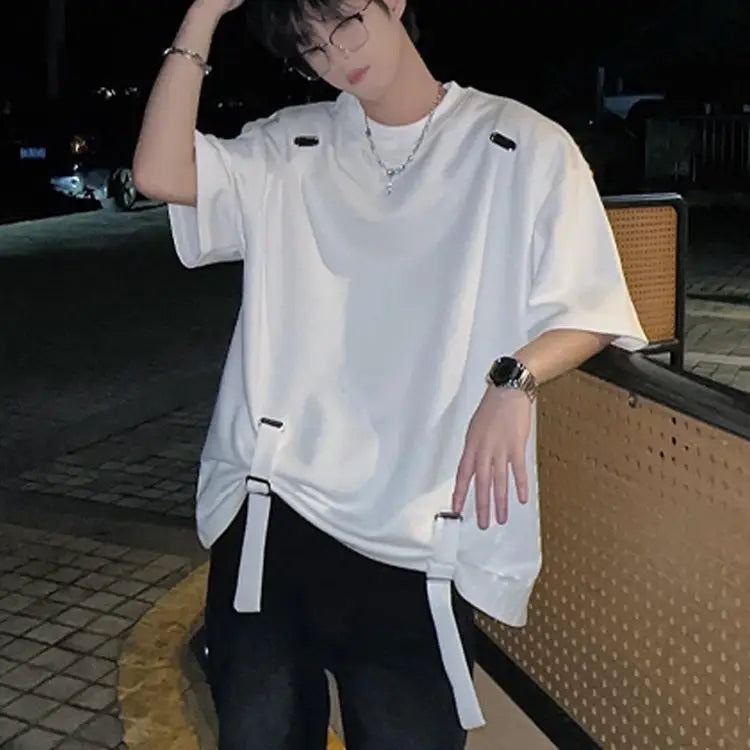 White oversized short sleeve t-shirt with black shoulder patches and side straps for hip hop creative summer japanese style streetwear couple tops