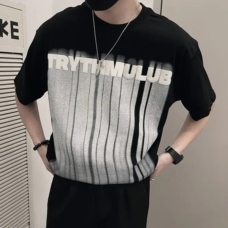 Black oversized hip hop creative t-shirt with white trythmulub graphic and gray stripe for summer japanese style streetwear couple tops