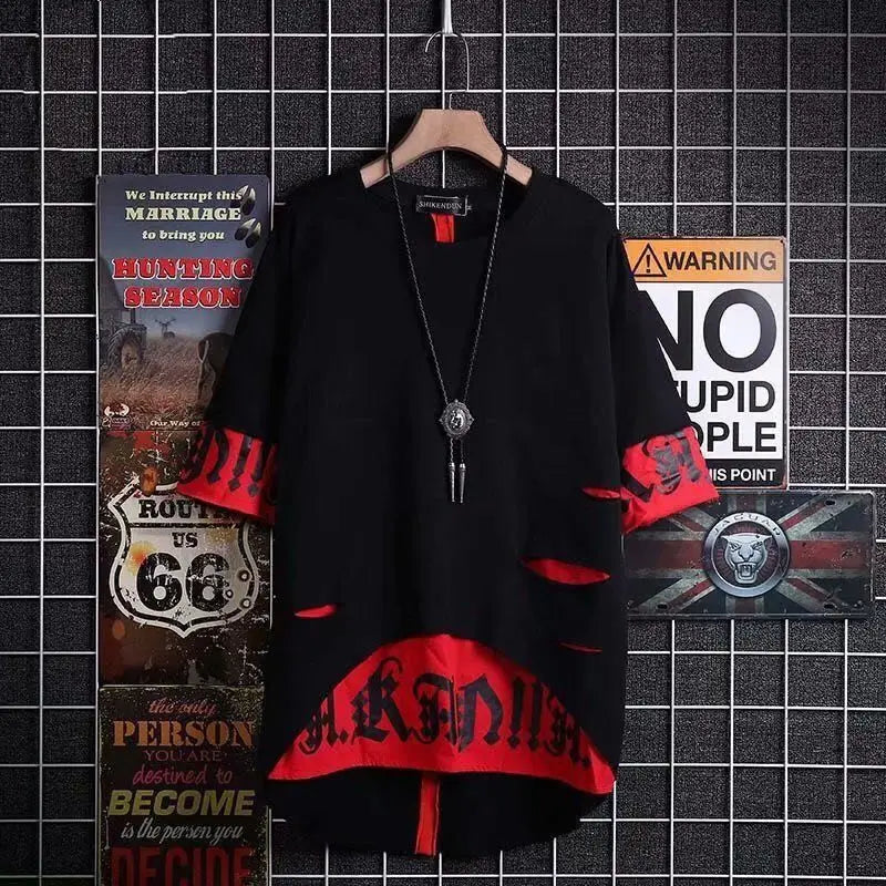 Black and red distressed hip hop creative graphic tee with bold lettering hem summer japanese style streetwear couple tops