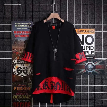 Black and red distressed hip hop creative graphic tee with bold lettering hem summer japanese style streetwear couple tops