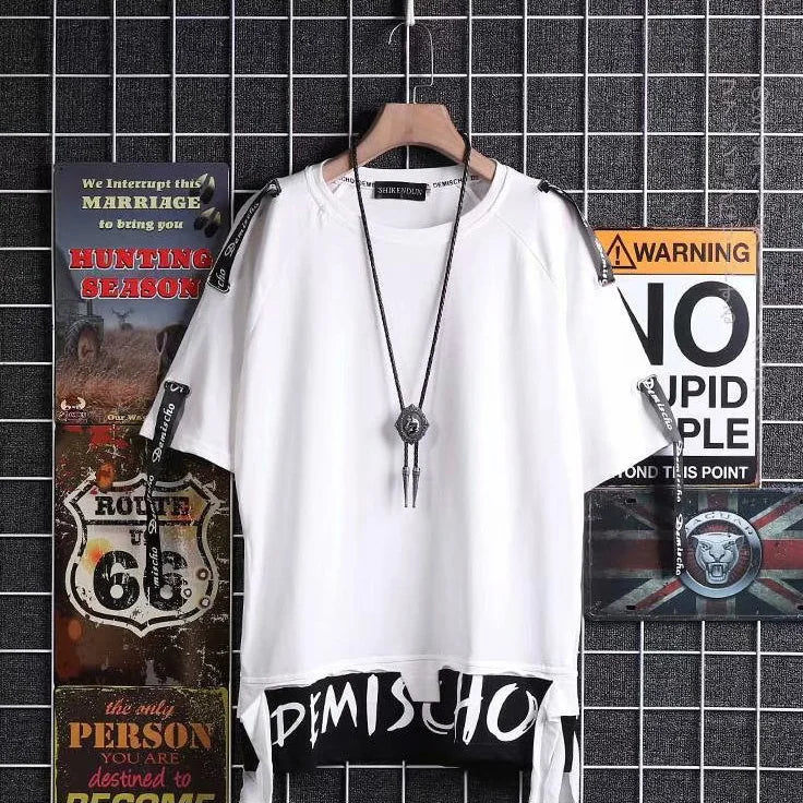 White cotton hip hop creative t-shirt with black graphic print and ribbed shoulder straps for summer japanese style streetwear couple tops