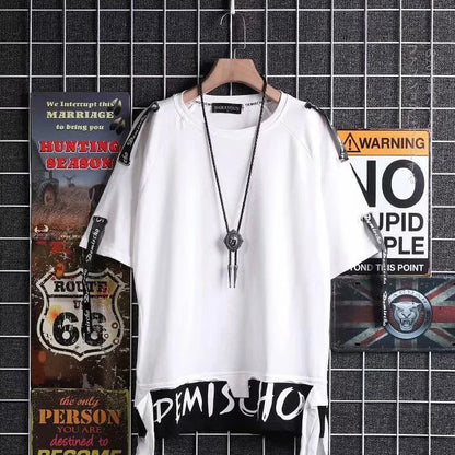 White cotton hip hop creative t-shirt with black graphic print and ribbed shoulder straps for summer japanese style streetwear couple tops