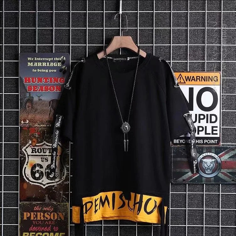 Black oversized hip hop creative t shirt with yellow hem and sleeve accents featuring demisho lettering for summer japanese style streetwear couple tops