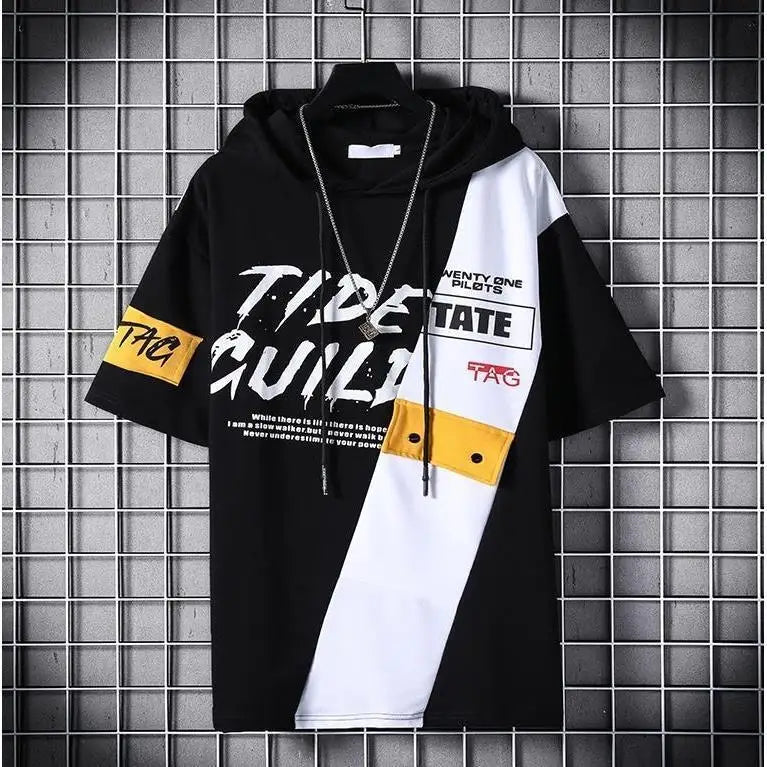 Black and white short-sleeved hoodie with yellow accents and bold tide guard graphic for hip hop creative streetwear couple tops