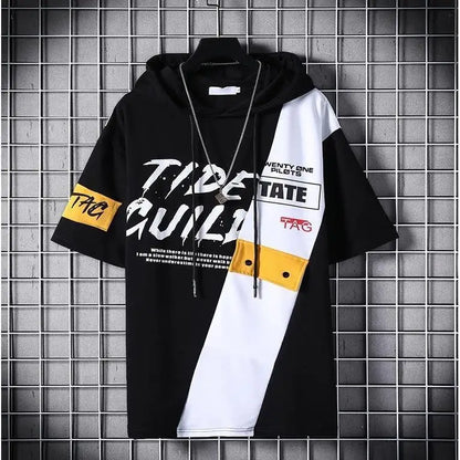 Black and white short-sleeved hoodie with yellow accents and bold tide guard graphic for hip hop creative streetwear couple tops