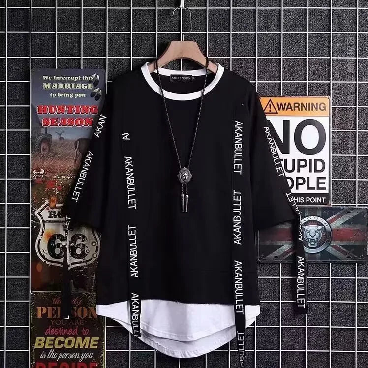 Black hip hop creative long-sleeved t-shirt with white sleeve lettering and white ribbed crew neck for streetwear couple tops
